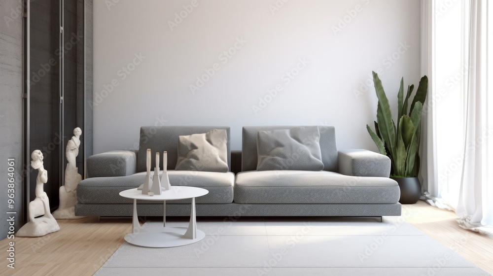 Wall mural modern minimalist living room with grey sofa and green cactus. interior design of sofa with modern d