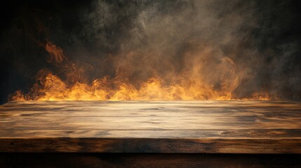 Fototapeta premium Blank wooden table with fire igniting its edge, flames, and smoke adding dramatic effect for product display, against a dark, moody background.