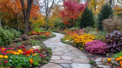 Naklejka premium Stone Path Through a Colorful Autumn Garden