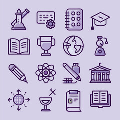 Fototapeta premium Set back to school icons, Day of Knowledge, First Day of School signs – stock vector, Editable stroke.