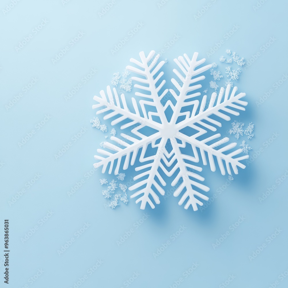 Poster a 3d illustration of a single snowflake with intricate patterns, placed against a soft blue backgrou