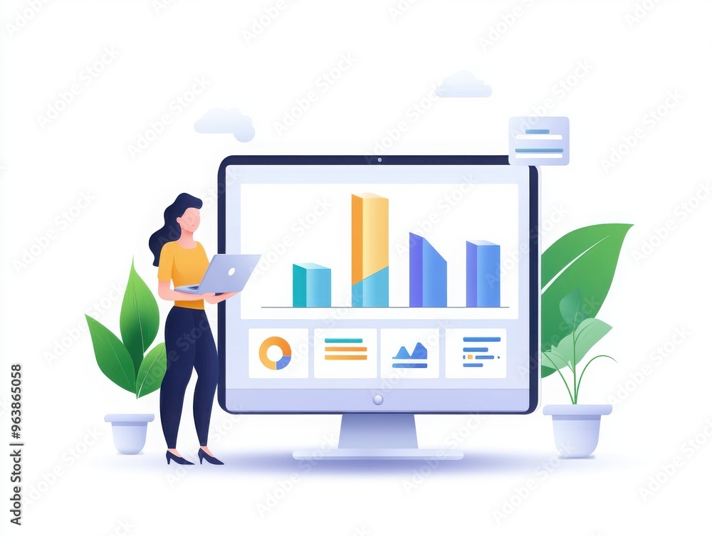 Poster businesswoman analyzing data on laptop beside large computer screen displaying charts. concept of da