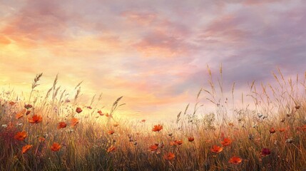 Naklejka premium Orange Wildflowers in a Field Against a Cloudy Sunset Sky