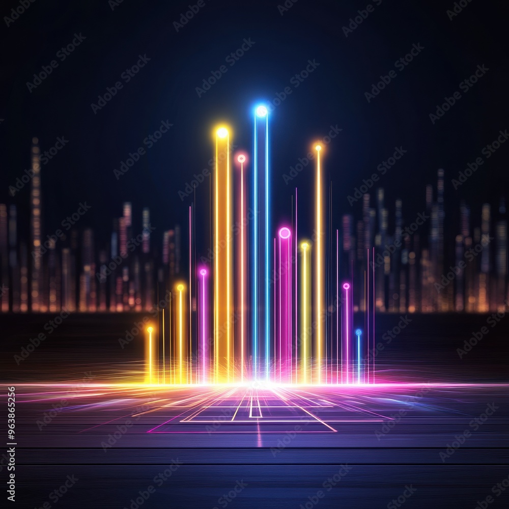 Poster colorful neon digital data visualizations with futuristic glowing light bars against a dark backgrou