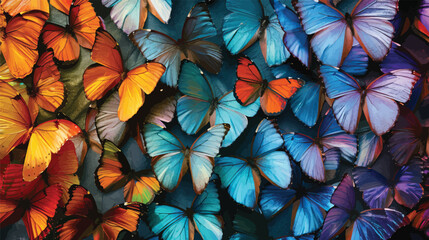 Colors of rainbow. Pattern of multicolored butterflies morpho, texture background  vector