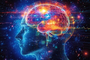 Visual abstraction sensory overload and neuronal discharge glowing digital brain with intricate neural pathways against a backdrop of cosmic patterns and futuristic lights