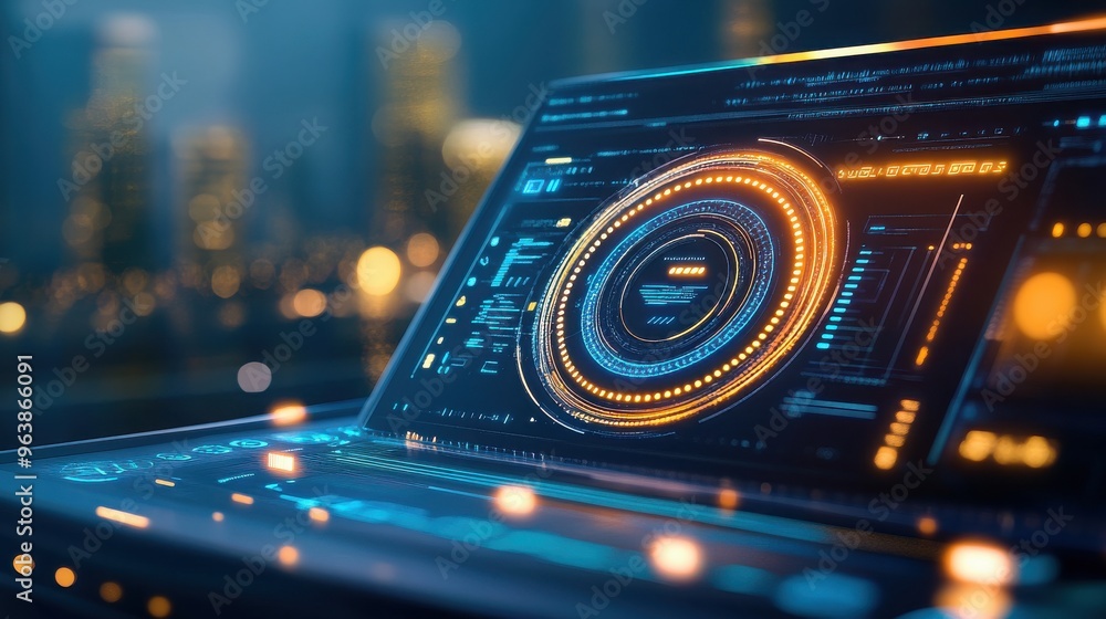 Poster futuristic laptop with holographic interface displaying digital data and charts in a modern cityscap