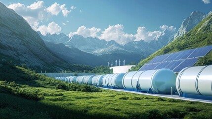 Hydrogen storage tanks located underground, connected to a renewable energy grid for efficient storage