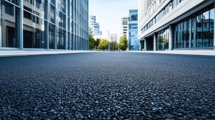Fototapeta premium Empty asphalt road in a modern office area, highlighting urban development and corporate environments.