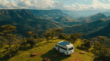 Camper Van with Solar Panels Parked on Mountaintop Overlooking Valley