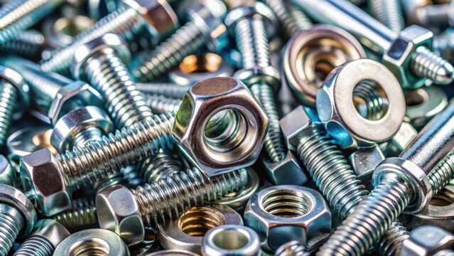 Close-up of shiny metal fasteners including bolts, nuts, screws, washers in zinc and chrome plated finish