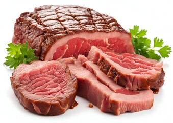 Beef meat, isolated against a white background, with full depth of field.