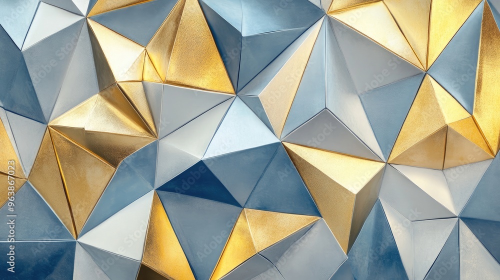 Poster ethereal triangles in gold, blue, and grey form a harmonious abstract pattern, creating a calming ba