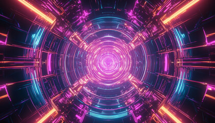 Obraz premium A vibrant, futuristic tunnel of neon lights creating a dynamic, immersive visual experience.