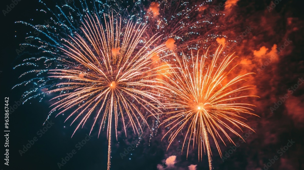 Poster fireworks burst in vibrant colors against the dark sky, creating a festive and energetic scene with 