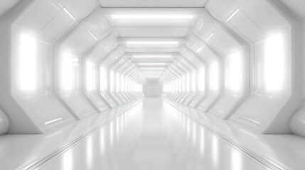 Futuristic white corridor with glowing lights and shiny floor.