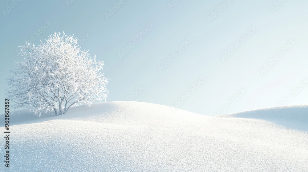 Poster a 3d render of a snow-covered hill with a frosted tree and a bright, clear sky in the background