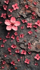 Obraz premium Pink Flowers Scattered on Rough Gray Rock