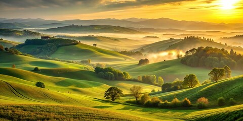 Golden hour captures a serene landscape of rolling hills, with soft, warm light illuminating the misty atmosphere and vibrant green vegetation.