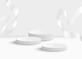 Abstract scene background. Cylinder podium background with ribbons. Product presentation, mock up, show cosmetic product, Podium, stage pedestal or platform. Vector illustration