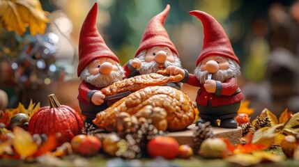 Thanksgiving  Gnomes Gnomes carving a Thanksgiving turkey, surrounded by miniature autumn decorations, 3D illustration
