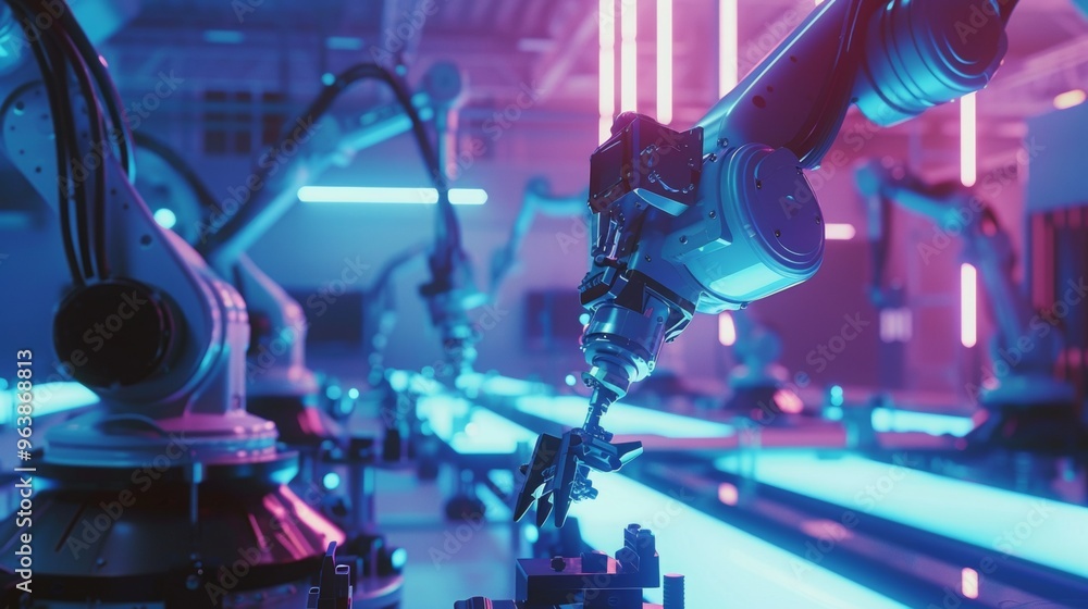 Poster robotic arms assembling and moving around small shiny objects for aerospace manufacturing processes.