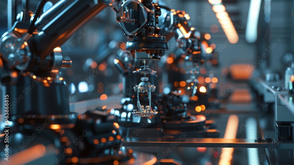 Poster robotic arms assembling and moving around small shiny objects for aerospace manufacturing processes.