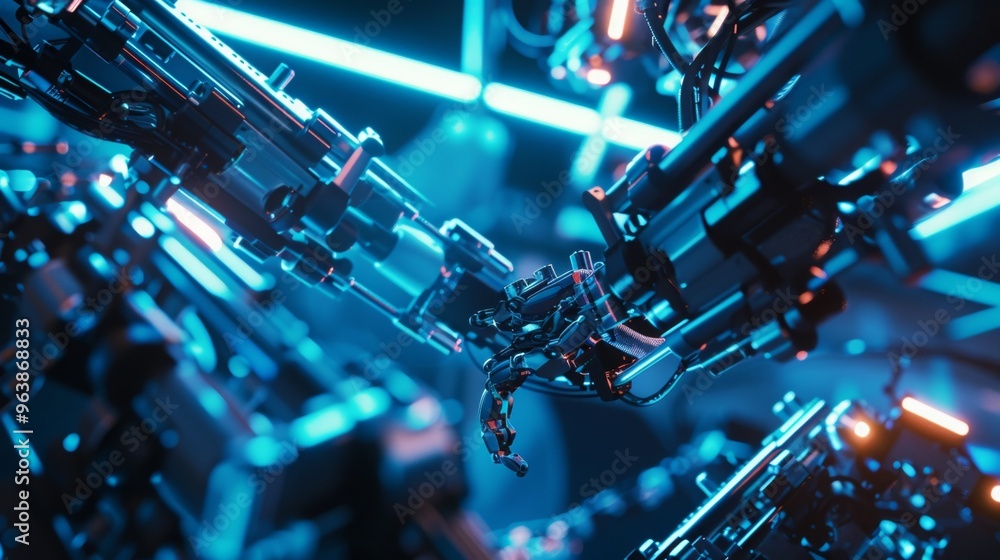 Poster robotic arms assembling and moving around small shiny objects for aerospace manufacturing processes.
