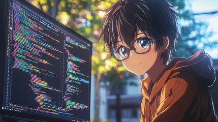 Anime Programmer Looking Away from Screen