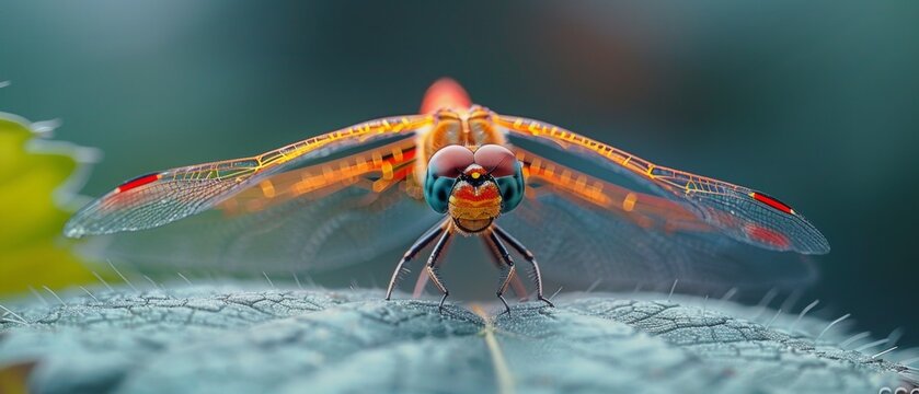 Scarlet dragonfly macro photography close shot of the head i on large detailed green leaf side view position phantom high-speed camera