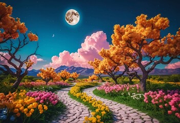 Fototapeta premium Beautiful and Peaceful Nature Scenery Illustration, Landscape, Countryside, Tranquil, Vibrant and Colorful