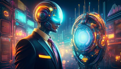 Obraz premium A robot with a futuristic design. The robot has a round head with LED lights flashing, giving it a sophisticated feel. It is dressed in a smart suit, suggesting that it may function in a professional 