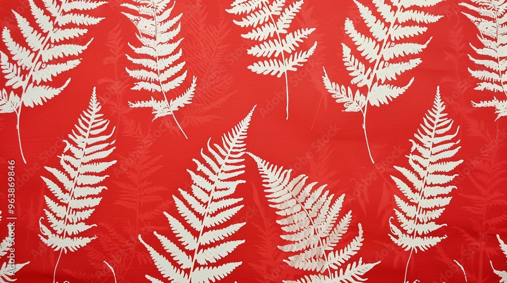 Poster red background with white fern patterns, creating a simple and elegant nature-inspired design.