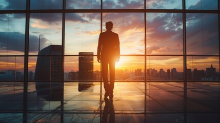 Silhouette of business man following his ambitions
