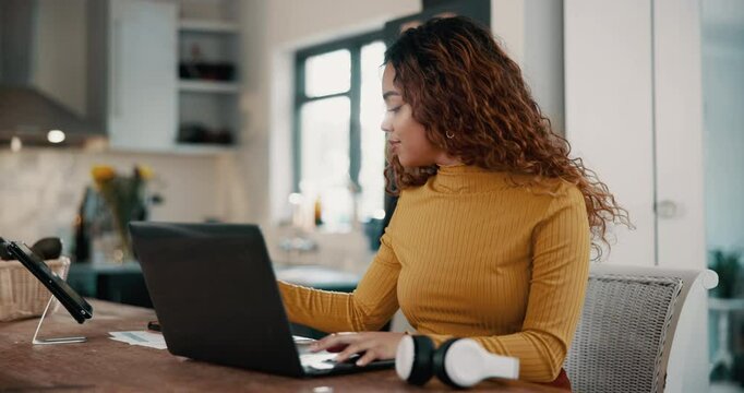 Woman, home and laptop in kitchen with technology for social media, online ebook or networking. Lady, remote work and internet or research for entertainment, communication or freelance blog post