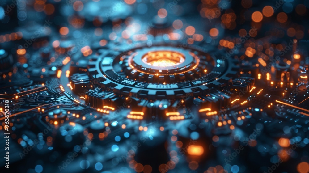 Aufkleber network cog abstract symbol in center, stock photo design neural networks, reliability, machine lear