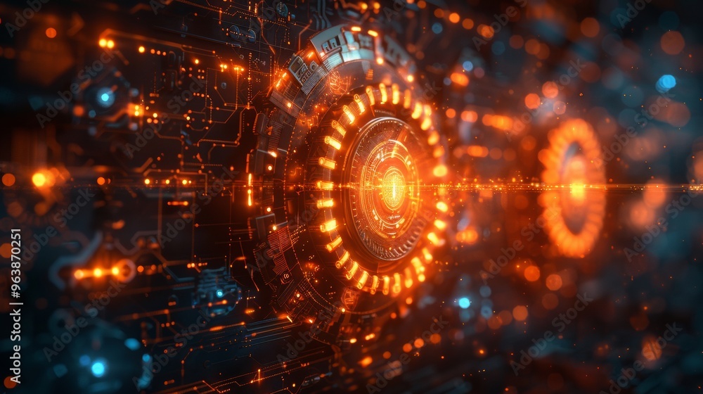 Poster network cog abstract symbol in center, stock photo design neural networks, reliability, machine lear
