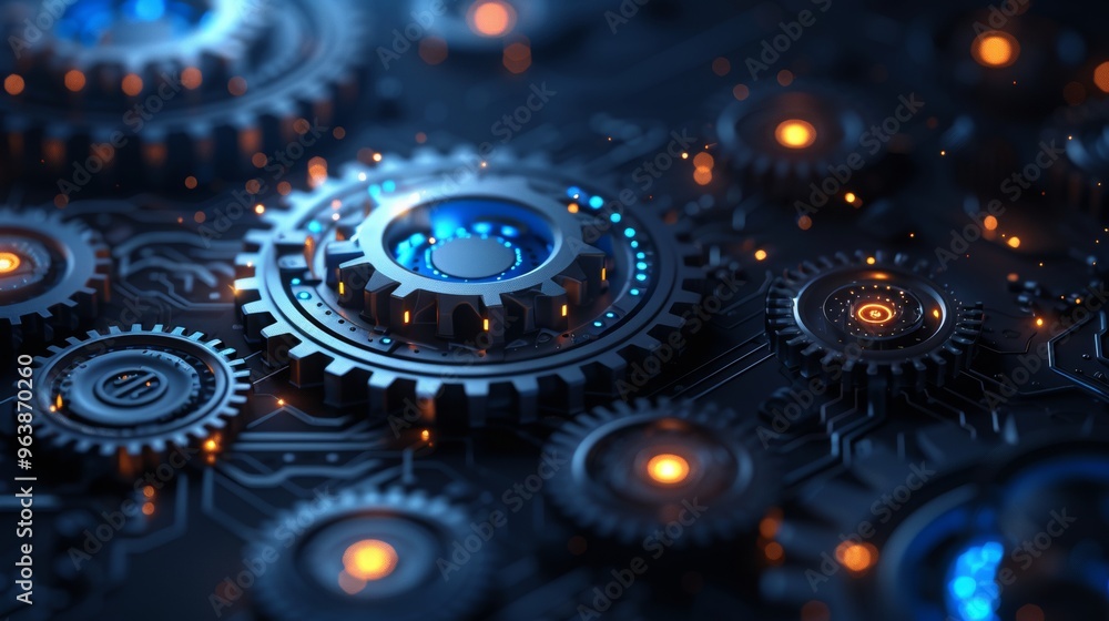 Aufkleber network cog abstract symbol in center, stock photo design neural networks, reliability, machine lear