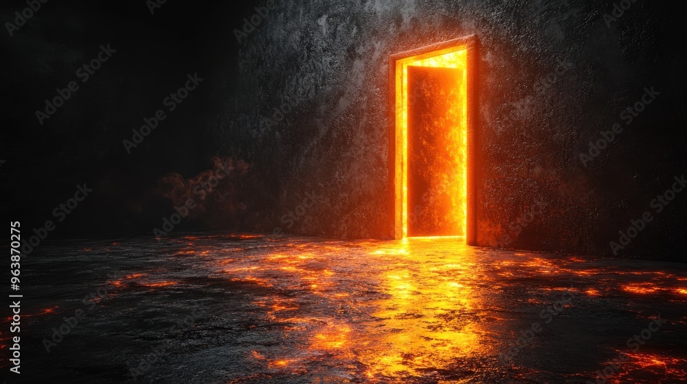 Poster 3d bright light glowing from an open door isolate3d on a black backgroun3d architectural design elem