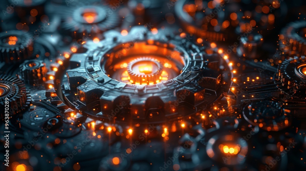 Poster network cog abstract symbol in center, stock photo design neural networks, reliability, machine lear