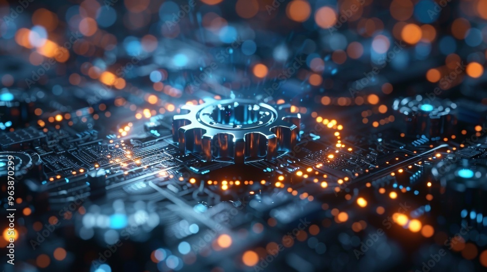 Poster network cog abstract symbol in center, stock photo design neural networks, reliability, machine lear