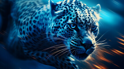 A fierce leopard in motion, showcasing its vibrant fur against a captivating blue background, embodying wild beauty and strength.