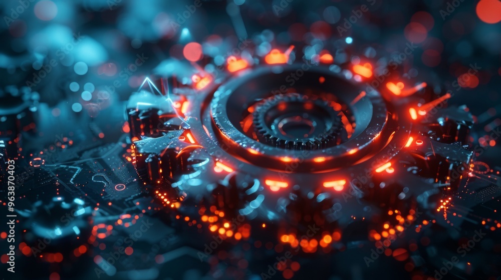 Poster network cog abstract symbol in center, stock photo design neural networks, reliability, machine lear