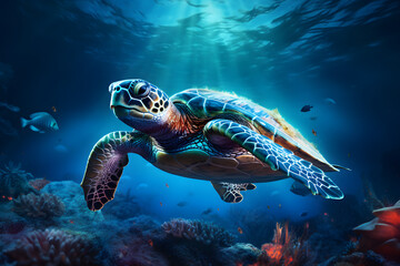 Fototapeta premium A graceful turtle gliding through clear blue waters, showcasing the beauty of marine life and underwater biodiversity.