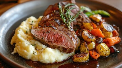 Seasoned meat on a plate with mashed potatoes and roasted vegetables, offering a comforting and hearty dinner.