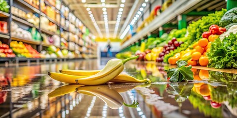 A giant banana peel slipping on a wet floor, surrounded by fruit and vegetables, with a blurred background to emphasize the action, in a supermarket setting.