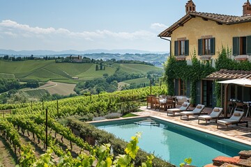 Fototapeta premium A large house with a pool and a vineyard in the background