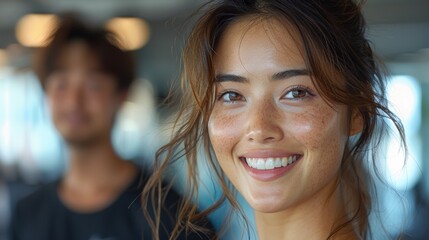 Obraz premium medium shot on a young beautiful asian woman smiling to a cute asian guy, she has perfect white teeth, he smiles back, she is sitting on a workout mat, the location is a bright premium gym