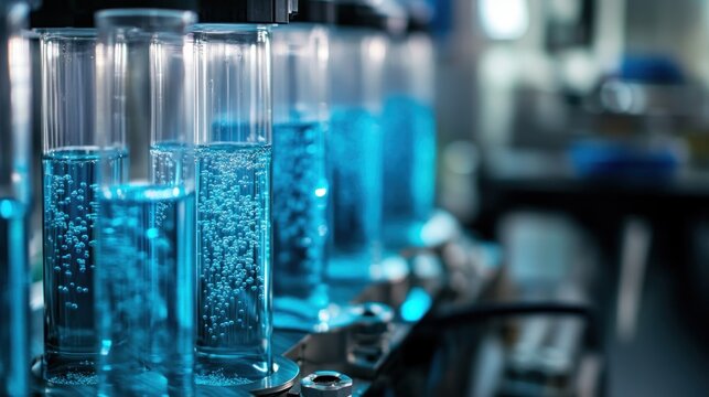 Hydrogen gas being produced through electrolysis, bubbles forming as hydrogen rises in the tank