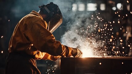 Sparks fly as a worker welds metal in a factory, equipped with protective gear, showcasing craftsmanship in action.